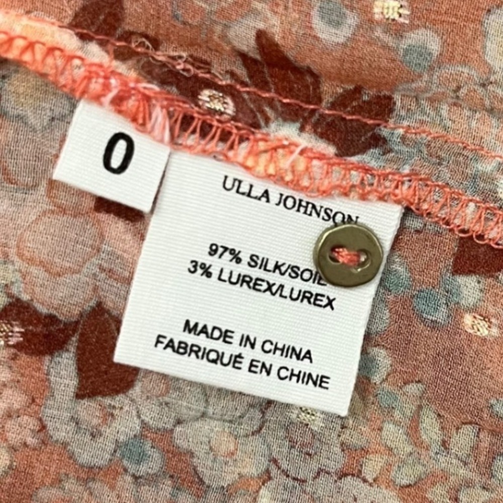 Ulla Johnson Blouse Womens Size 0 Orange Floral Silk Smocked Metallic Top - Picture 13 of 13
